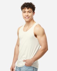 Tultex S105 Unisex Fine Jersey Tank Top – Natural (on model side)