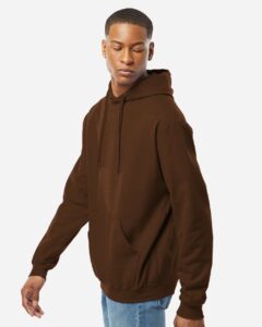 Tultex 320 Unisex Fleece Hooded Sweatshirt – Brown (on model side)
