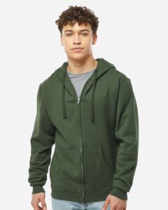 Tultex 331 Unisex Full-Zip Hooded Sweatshirt – Military Green (on model)
