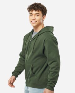 Tultex 331 Unisex Full-Zip Hooded Sweatshirt – Military Green (on model side)