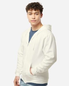 Tultex 331 Unisex Full-Zip Hooded Sweatshirt – Natural (on model side)