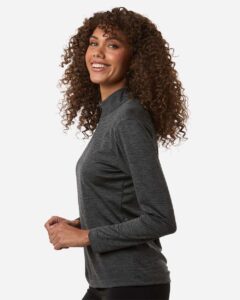 AllPro 4HM70L Women’s Pro-Lock Performance Mélange Quarter-Zip Pullover – Black Melange (on model side)
