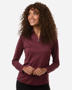 AllPro 4HM70L Women’s Pro-Lock Performance Mélange Quarter-Zip Pullover – Maroon Melange (on model)