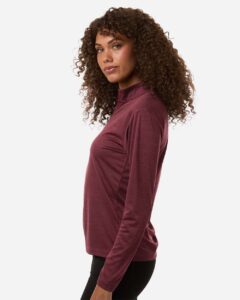 AllPro 4HM70L Women’s Pro-Lock Performance Mélange Quarter-Zip Pullover – Maroon Melange (on model side)