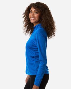 AllPro 4HM70L Women’s Pro-Lock Performance Mélange Quarter-Zip Pullover – Royal Melange (on model side)