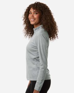 AllPro 4HM70L Women’s Pro-Lock Performance Mélange Quarter-Zip Pullover – Silver Melange (on model side)