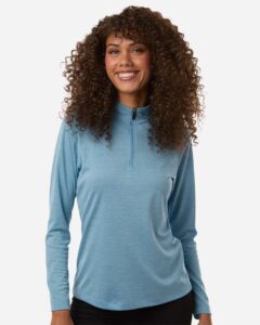 AllPro 4HM70L Women’s Pro-Lock Performance Mélange Quarter-Zip Pullover – Cloud Blue Melange (on model)