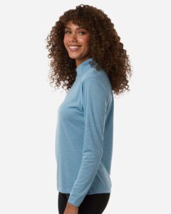AllPro 4HM70L Women’s Pro-Lock Performance Mélange Quarter-Zip Pullover – Cloud Blue Melange (on model side)