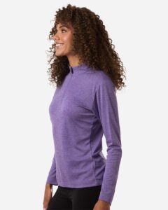 AllPro 4HM70L Women’s Pro-Lock Performance Mélange Quarter-Zip Pullover – Violet Melange (on model side)