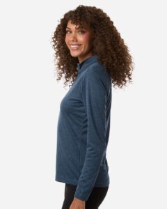 AllPro 4HM70L Women’s Pro-Lock Performance Mélange Quarter-Zip Pullover – Navy Melange (on model side)