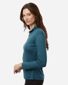 AllPro 41870L Women’s Pro-Lock Performance Quarter-Zip Pullover – Atlantic Blue (on model side)