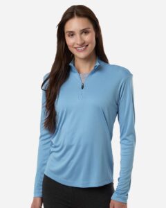 AllPro 41870L Women’s Pro-Lock Performance Quarter-Zip Pullover – Carolina Blue (on model)