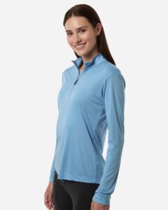 AllPro 41870L Women’s Pro-Lock Performance Quarter-Zip Pullover – Carolina Blue (on model side)