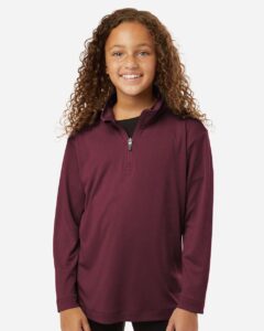 AllPro 41870Y Youth Pro-Lock Performance Quarter-Zip Pullover – Maroon (on model)