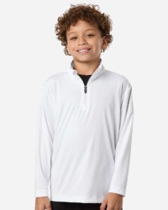 AllPro 41870Y Youth Pro-Lock Performance Quarter-Zip Pullover – White (on model)