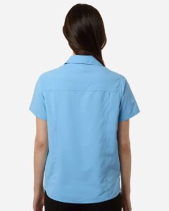 CORE365 CE520W Women’s UltraUVP Shoreline Short Sleeve Staff Shirt – Columbia Blue (on model back)