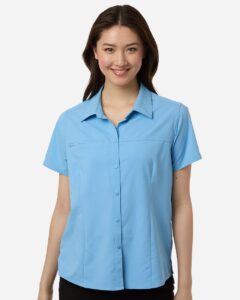 CORE365 CE520W Women’s UltraUVP Shoreline Short Sleeve Staff Shirt – Columbia Blue (on model)