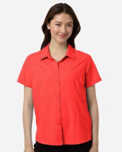 CORE365 CE520W Women’s UltraUVP Shoreline Short Sleeve Staff Shirt – Marina Red (on model)