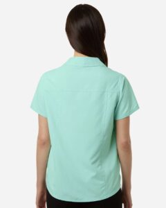 CORE365 CE520W Women’s UltraUVP Shoreline Short Sleeve Staff Shirt – Sea Glass (on model back)