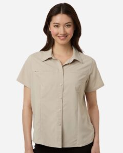 CORE365 CE520W Women’s UltraUVP Shoreline Short Sleeve Staff Shirt – Stone (on model)