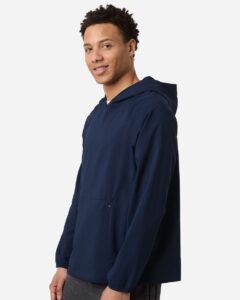 CORE365 CE520L Men’s UltraUVP Shoreline Long Sleeve Hooded Pullover – Classic Navy (on model side)