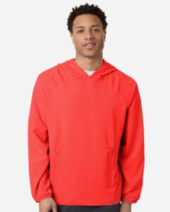 CORE365 CE520L Men’s UltraUVP Shoreline Long Sleeve Hooded Pullover – Marina Red (on model)