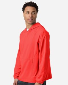 CORE365 CE520L Men’s UltraUVP Shoreline Long Sleeve Hooded Pullover – Marina Red (on model side)