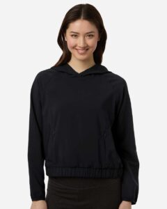 CORE365 CE520LW Women’s UltraUVP Shoreline Long Sleeve Hooded Pullover – Black (on model)