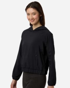 CORE365 CE520LW Women’s UltraUVP Shoreline Long Sleeve Hooded Pullover – Black (on model side)