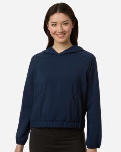 CORE365 CE520LW Women’s UltraUVP Shoreline Long Sleeve Hooded Pullover – Classic Navy (on model)