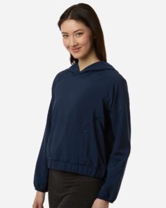 CORE365 CE520LW Women’s UltraUVP Shoreline Long Sleeve Hooded Pullover – Classic Navy (on model side)