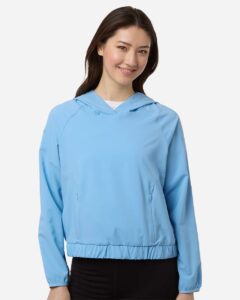 CORE365 CE520LW Women’s UltraUVP Shoreline Long Sleeve Hooded Pullover – Columbia Blue (on model)