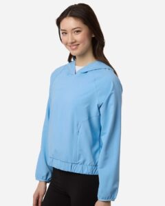 CORE365 CE520LW Women’s UltraUVP Shoreline Long Sleeve Hooded Pullover – Columbia Blue (on model side)