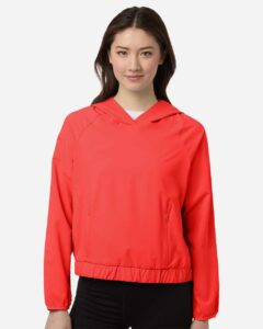 CORE365 CE520LW Women’s UltraUVP Shoreline Long Sleeve Hooded Pullover – Marina Red (on model)