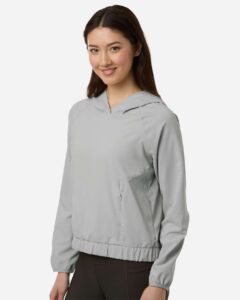 CORE365 CE520LW Women’s UltraUVP Shoreline Long Sleeve Hooded Pullover – Platinum (on model side)
