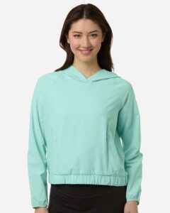 CORE365 CE520LW Women’s UltraUVP Shoreline Long Sleeve Hooded Pullover – Sea Glass (on model)