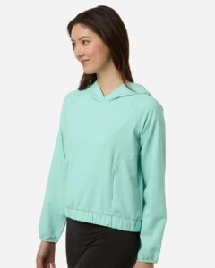 CORE365 CE520LW Women’s UltraUVP Shoreline Long Sleeve Hooded Pullover – Sea Glass (on model side)