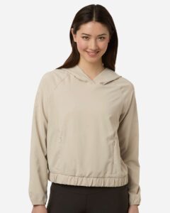 CORE365 CE520LW Women’s UltraUVP Shoreline Long Sleeve Hooded Pullover – Stone (on model)