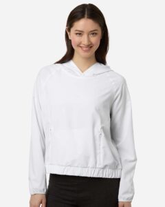 CORE365 CE520LW Women’s UltraUVP Shoreline Long Sleeve Hooded Pullover – White (on model)