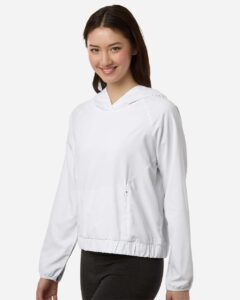 CORE365 CE520LW Women’s UltraUVP Shoreline Long Sleeve Hooded Pullover – White (on model side)