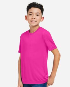 CORE365 CE10Y Youth Capital Performance T-Shirt – Bright Magenta (on model side)