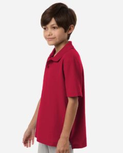 CORE365 CE106Y Youth Resolve CVC Performance Pique Polo – Classic Red (on model side)