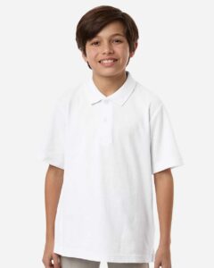 CORE365 CE106Y Youth Resolve CVC Performance Pique Polo – White (on model)