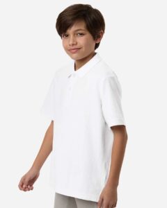 CORE365 CE106Y Youth Resolve CVC Performance Pique Polo – White (on model side)