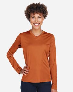Team 365 TT11WL Women’s Zone Performance Long Sleeve T-Shirt – Sport Burnt Orange (on model)