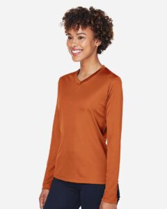 Team 365 TT11WL Women’s Zone Performance Long Sleeve T-Shirt – Sport Burnt Orange (on model side)
