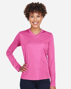 Team 365 TT11WL Women’s Zone Performance Long Sleeve T-Shirt – Sport Charity Pink (on model)