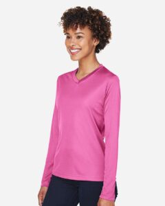 Team 365 TT11WL Women’s Zone Performance Long Sleeve T-Shirt – Sport Charity Pink (on model side)