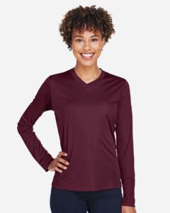 Team 365 TT11WL Women’s Zone Performance Long Sleeve T-Shirt – Sport Dark Maroon (on model)