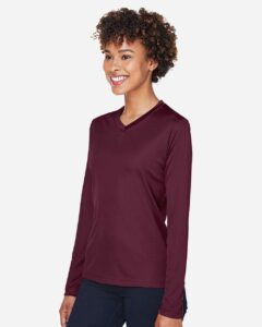 Team 365 TT11WL Women’s Zone Performance Long Sleeve T-Shirt – Sport Dark Maroon (on model side)